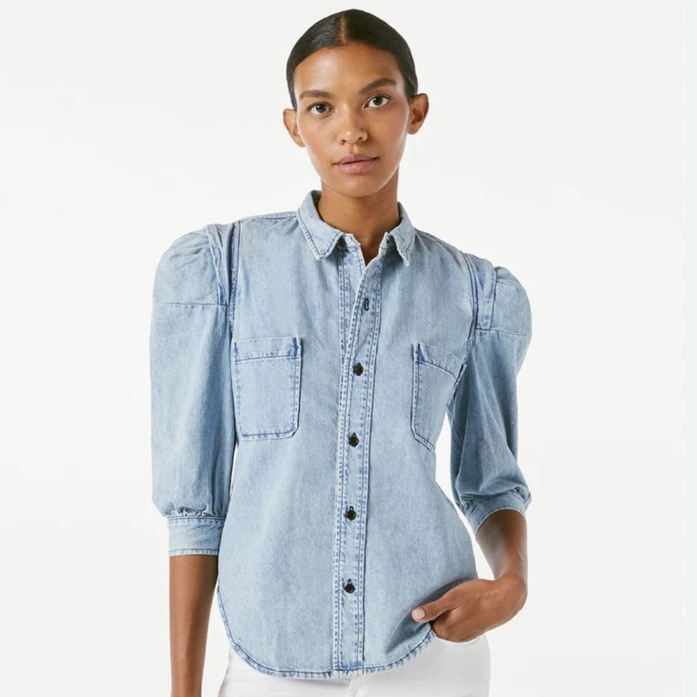 Frame Denim Light Blue Puff-Sleeve Denim Shirt